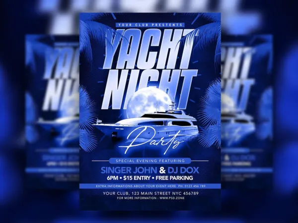 Neon Blue Yacht Music Party Flyer Template 1