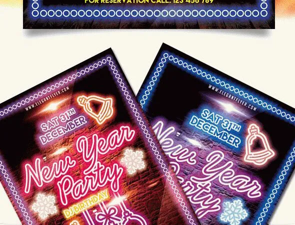 Neon Border New Year Party Flyer Template and Facebook Cover 1