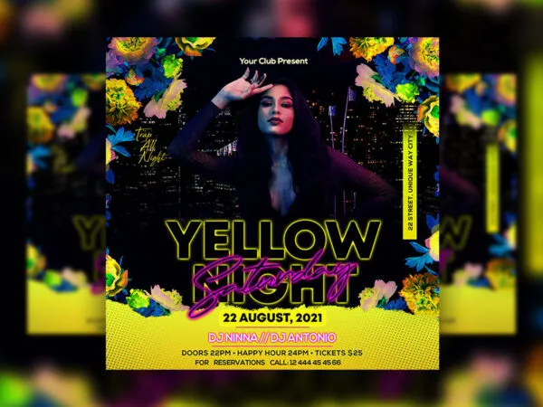 Neon Floral Night Club Flyer Instagram Banner Template 1