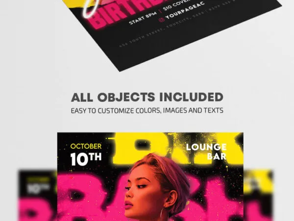 Neon Glitter Birthday Party Flyer Template 1