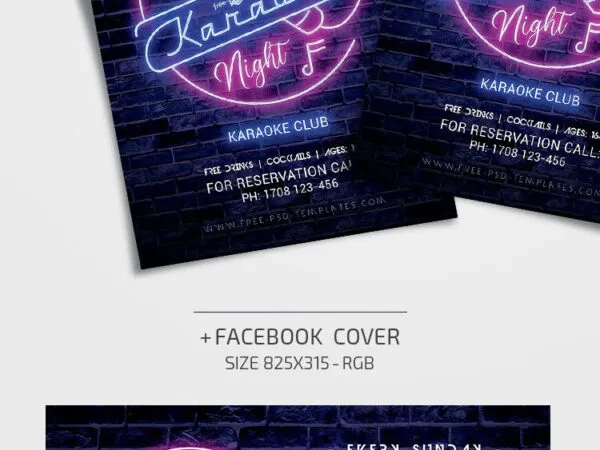 Neon Karaoke Night Flyer Template Plus a Facebook Cover 1