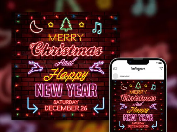 Neon Merry Christmas Party Instagram Post Template 1