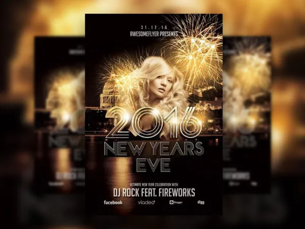 New Years Eve Celebration Flyer Featuring Fireworks and Night Front View of Town 1
