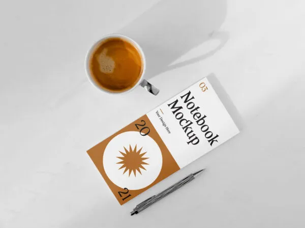 Notebook Mockup with Pen and Cup of Coffee 1