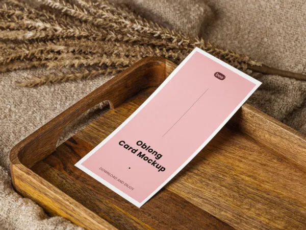 Oblong Card Mockup on Wooden Plate in Perspective Sight 1