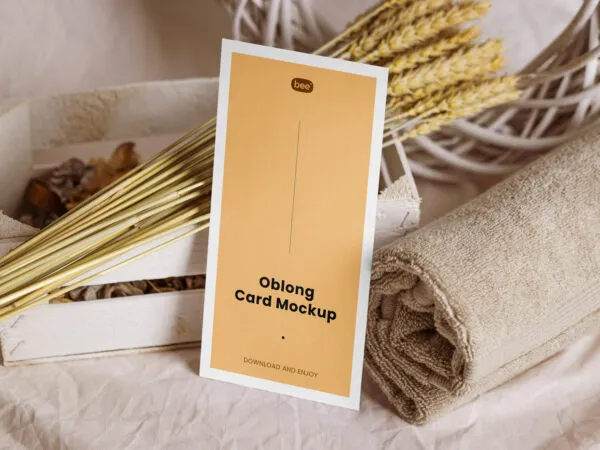 Oblong Paper Card Mockup with Towel in Perspective Sight 1