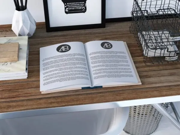 Open Book Surrounded by Stationery Items Mockup 1