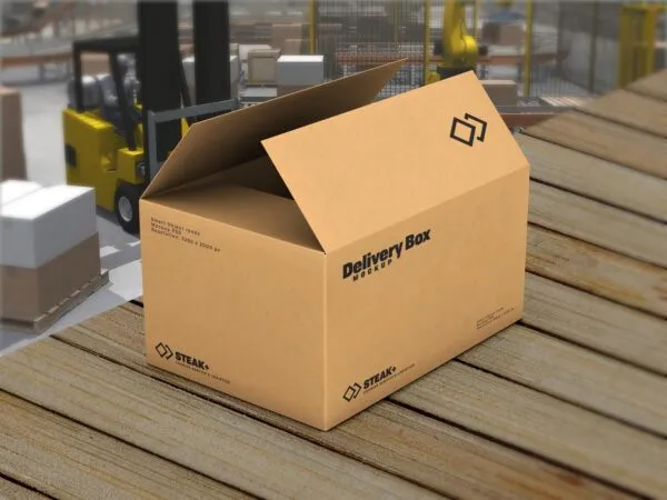 Open Cardboard Packaging Delivery Box in a Storage Mockup 1
