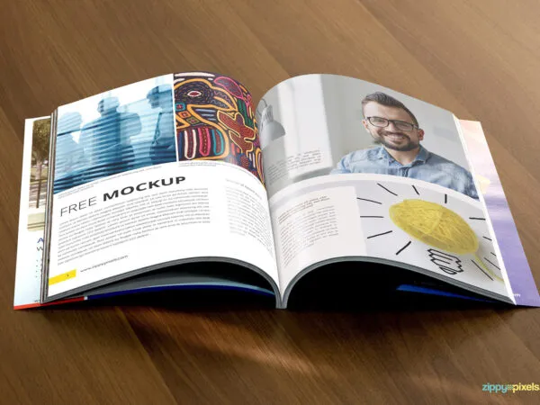 Open Catalog on Wooden Table Mockup 1