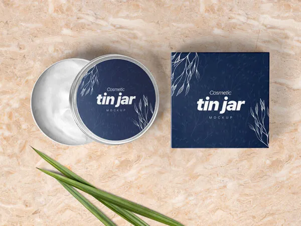 Open Cosmetic Tin Jar and Box Packaging Mockup with Leaves 1