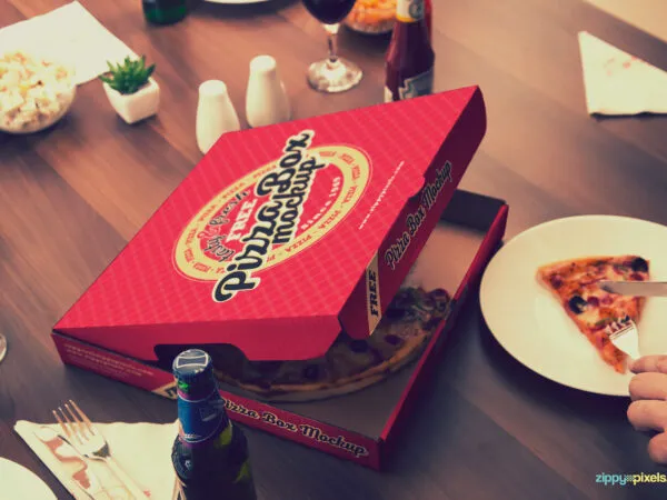 Open Pizza Box Mockup on Arranged Table 1