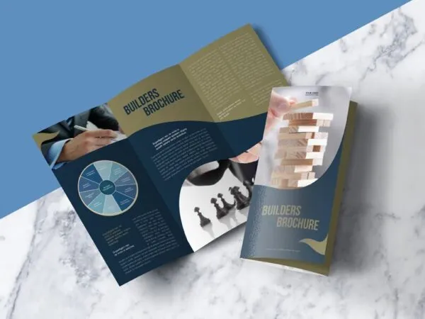 Open and Closed Tri Fold Brochure on a Marble Surface Mockup 1