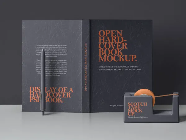 Opened Standing Hardcover Book Back View and Tape Dispenser Mockup 1