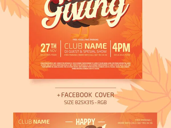 Orange Illustrated Thanksgiving Party Flyer Template Along with Facebook Cover 1