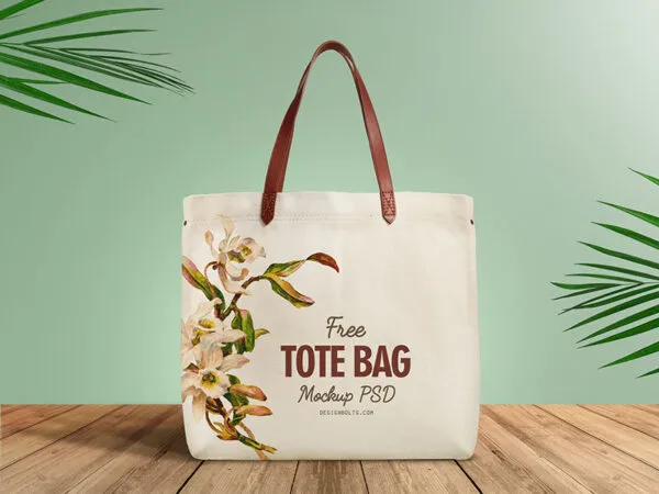 Organic Cotton Tote Shopping Bag on Wooden Surface Mockup 1