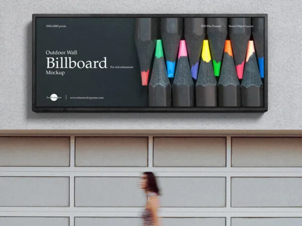 Outdoor Wall Billboard in the Front View Mockup Featuring a Woman Passing by 1