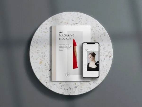 Overhead View A4 Magazine and iPhone Mockup 1