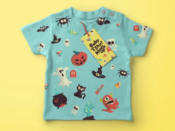 Overhead View of Baby T Shirt with a Label Tag Mockup 1