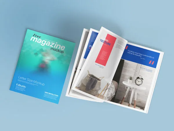Overhead View of Closed and Opened Letter Size Magazines Mockup 1