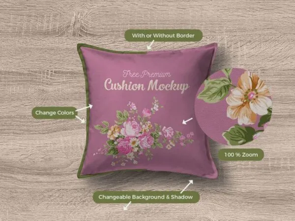Overhead View of Cushion on Wooden Background Mockup 1