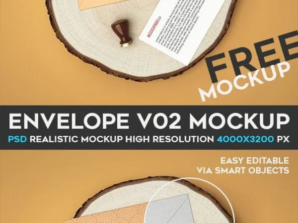 Overhead View of Envelope and Card on Wooden Log Mockup 1
