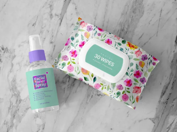 Overhead View of Facial Wipes and Toner Spray Bottle Mockup 1
