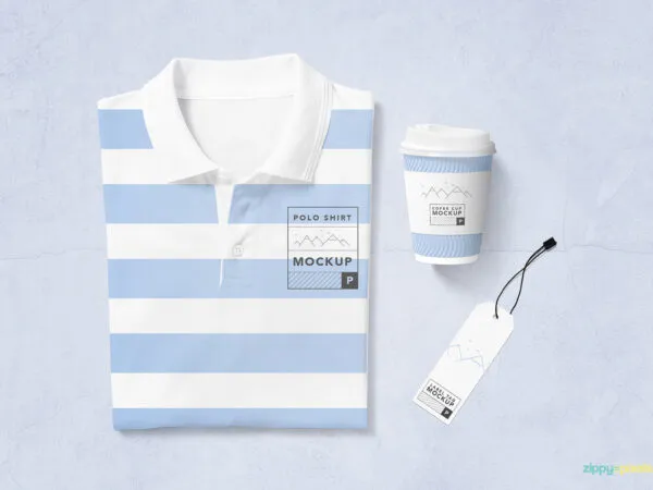 Overhead View of Folded Polo T Shirt Cup and label Tag Mockup 1