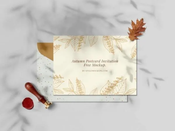 Overhead View of Invitation Postcard in Autumn Scene Mockup 1