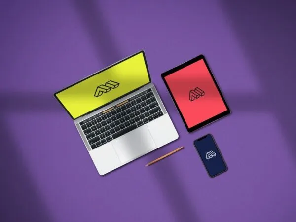 Overhead View of Laptop Tablet Smartphone with Overlaid Shadow Mockup 1