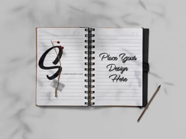 Overhead View of Opened Ringed Notepad Mockup 1