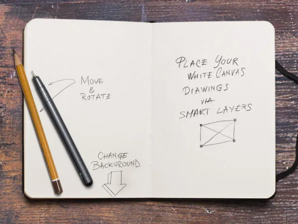 Overhead View of Opened Sketchbook and Pens Mockup 1