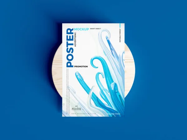 Overhead View of Poster Placing on Round Wooden Object Mockup 1