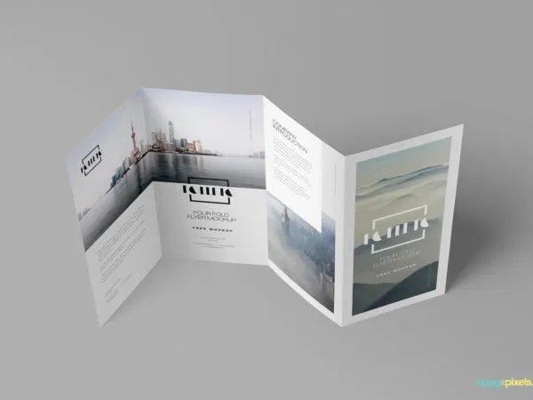 Overhead View of Standing Four Folded Brochure Mockup 1