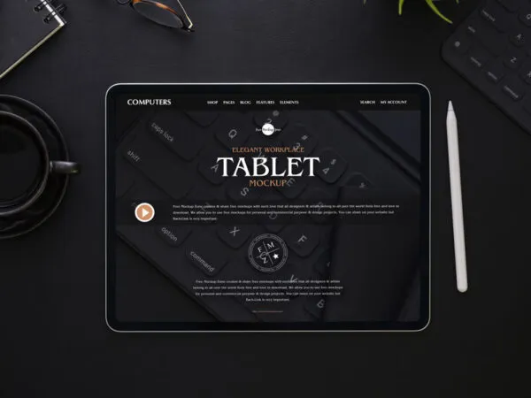 Overhead View of Tablet Surrounded by Stationery Items Mockup 1