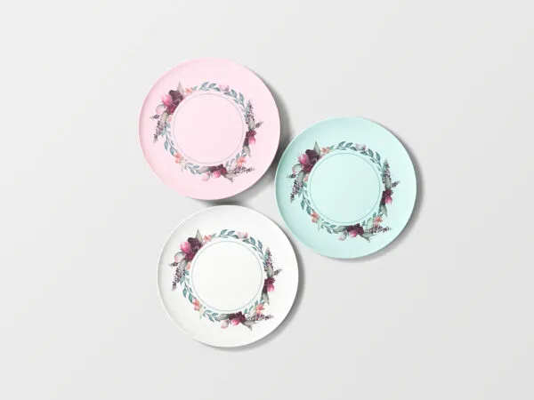 Overhead View of Three Round Floral Plates Mockup 1