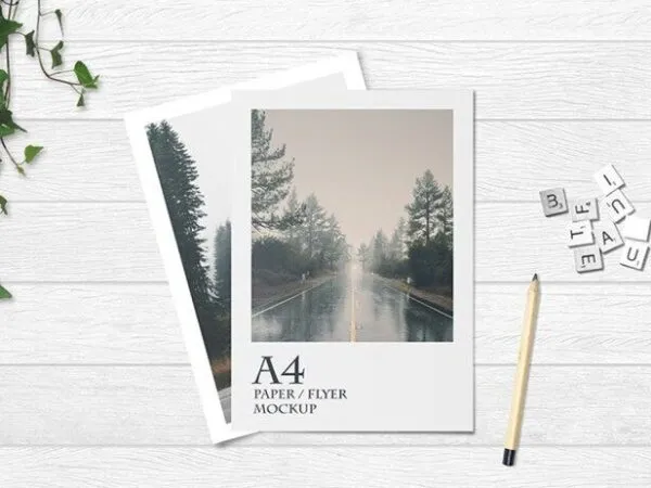 Overhead View of Two A4 Papers on White Wooden Texture Mockup 1