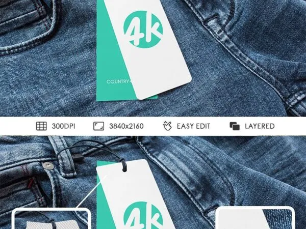 Overhead View of Two Label Tags Attached to Jeans Mockup 1