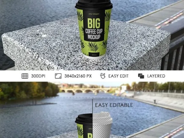 Paper Coffee Cup Standing in Front View by the Lake 1