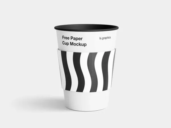 Paper Coffee Cup with Black and White Striped Label Mockup 1