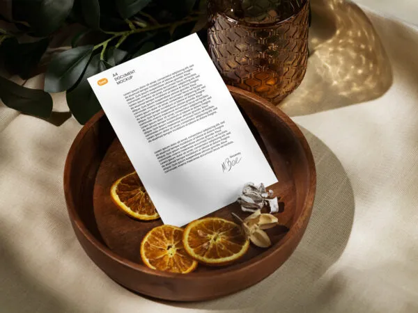 Paper Letterhead Mockup with Dried Orange in Perspective Sight 1
