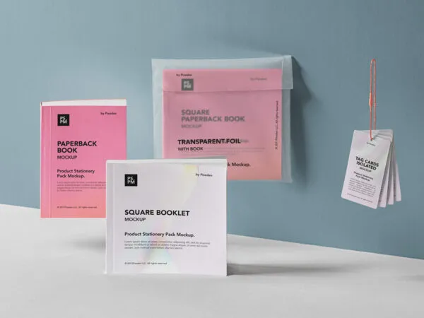 Paperback Booklet and Product Tag Mockup Set 1