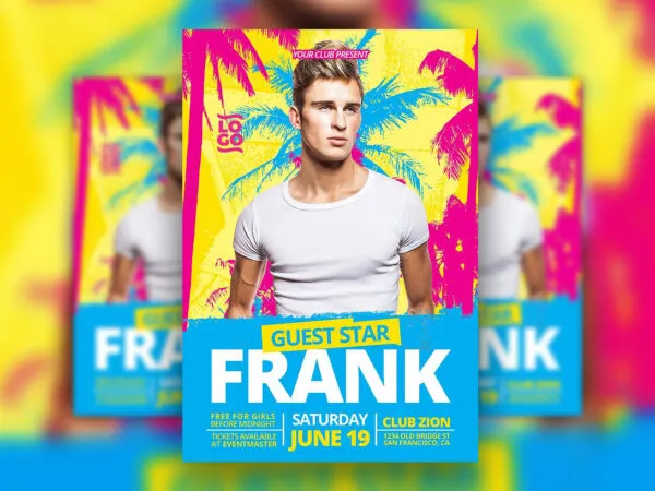 Party DJ Flyers Template with Palm Trees on the Background 1