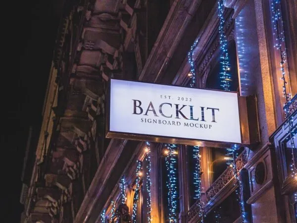 Perspective Night View of a Backlit Signboard Mockup 1