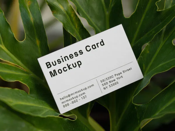 Perspective Show of Business Card Mockup Between Ficus 1