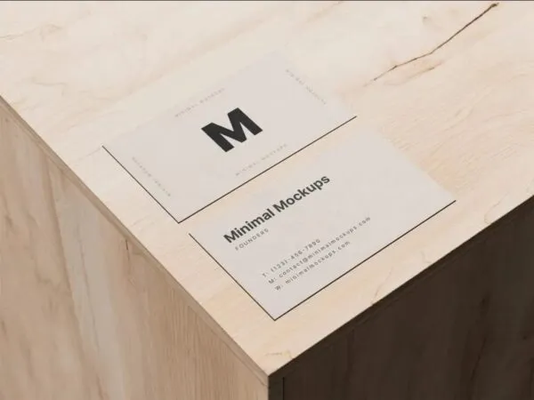 Perspective Show of Business Cards Mockup on Wooden Box 1