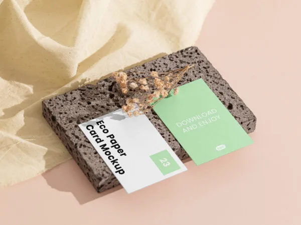 Perspective Showcase of Double Business Card Mockup on Brick 1