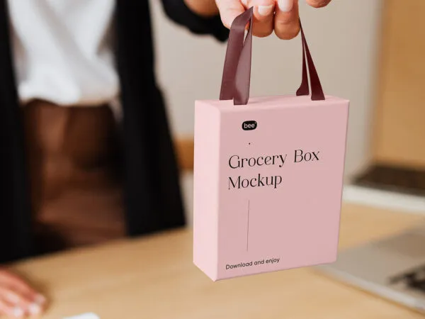 Perspective Showcase of Grocery Box Mockup in Hand 1