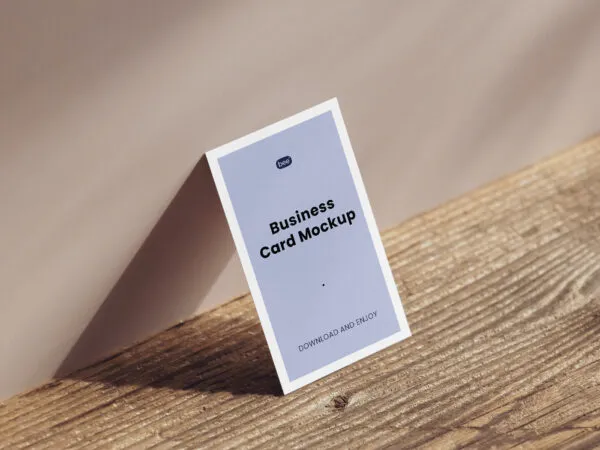Perspective Sight of Business Card Mockup on Wood Table 1