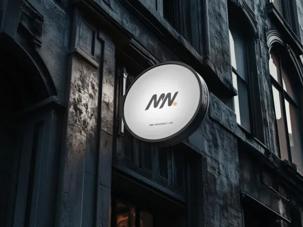 Perspective Sight of Circle Signboard Mockup on Building Wall 1