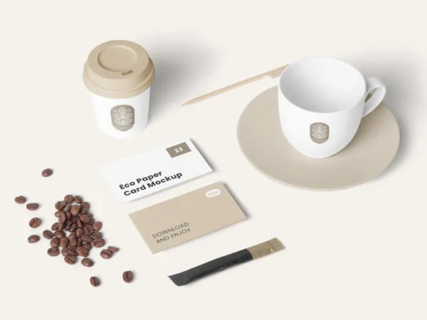 Perspective Sight of Coffee Stationery Mockup with Coffee Beans 1